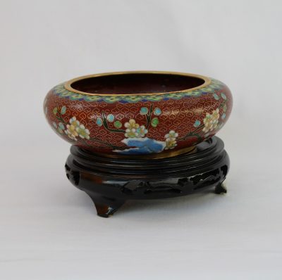 Μπολ Κίνας Cloisoné καφέ με λουλούδια και με ξύλινη βάση - Image 2